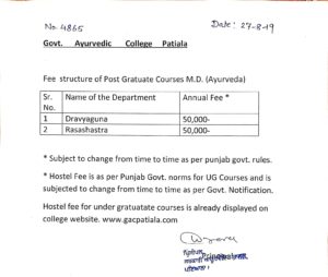 Fee structure for post graduate course M. D. Ayurveda